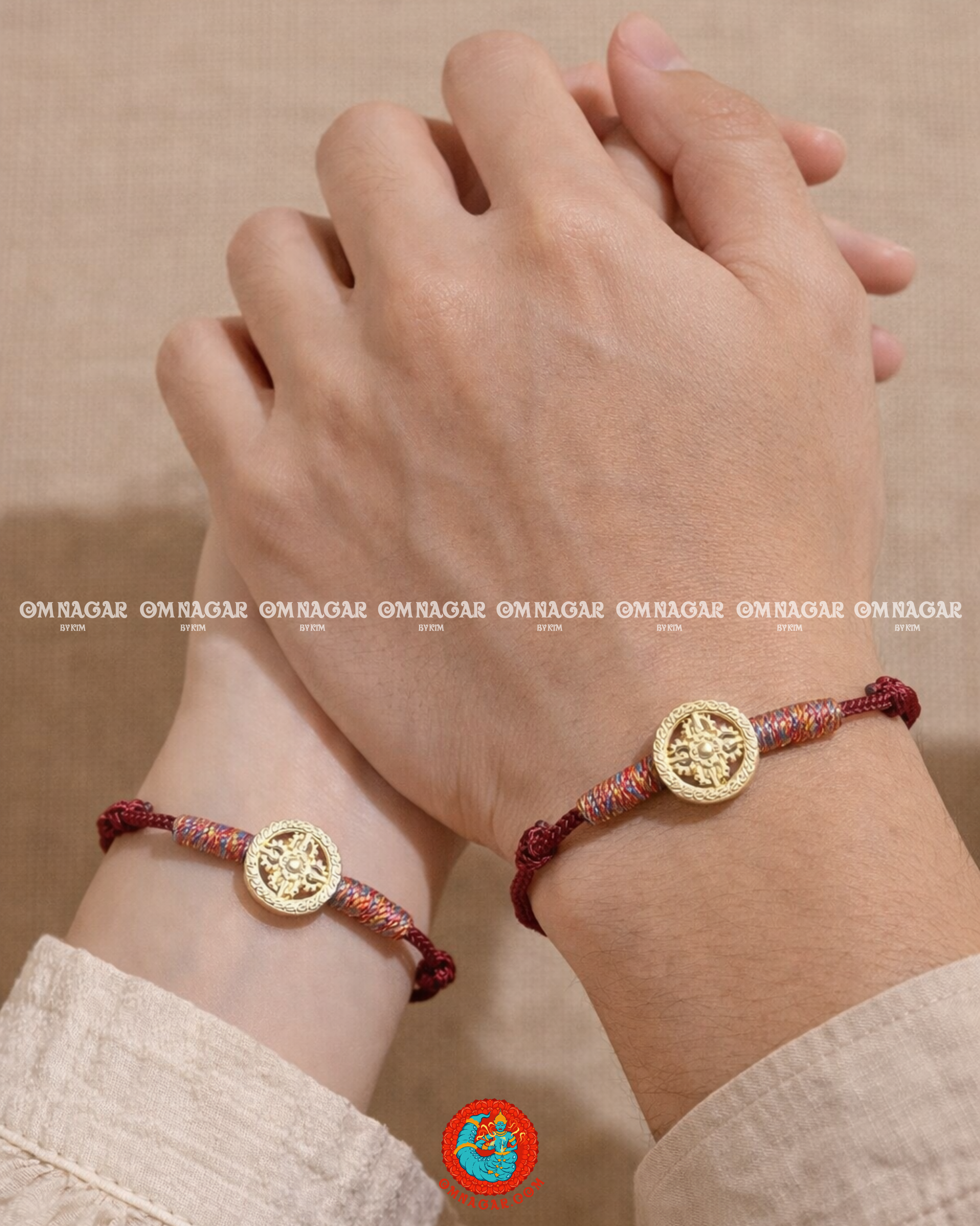 OMNAGAR “Dharma Wheel” Red String Bracelet - Gold-Plated S999 Fine Silver