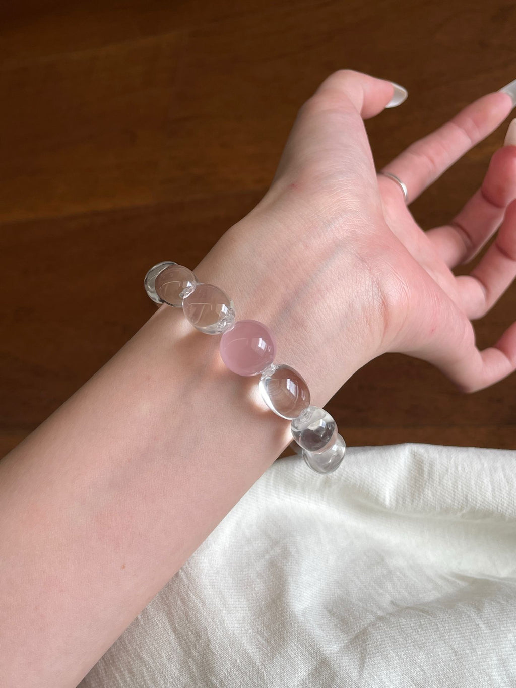OMNAGAR “Blush Pearl” Egg-White Quartz & Rose Quartz Bracelet