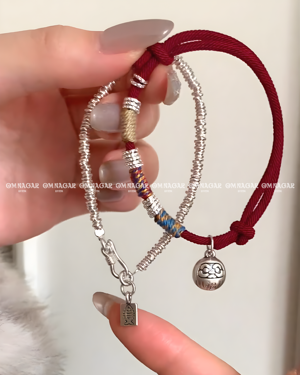 OMNAGAR “Daruma” Red String Bracelet - S999 Fine Silver