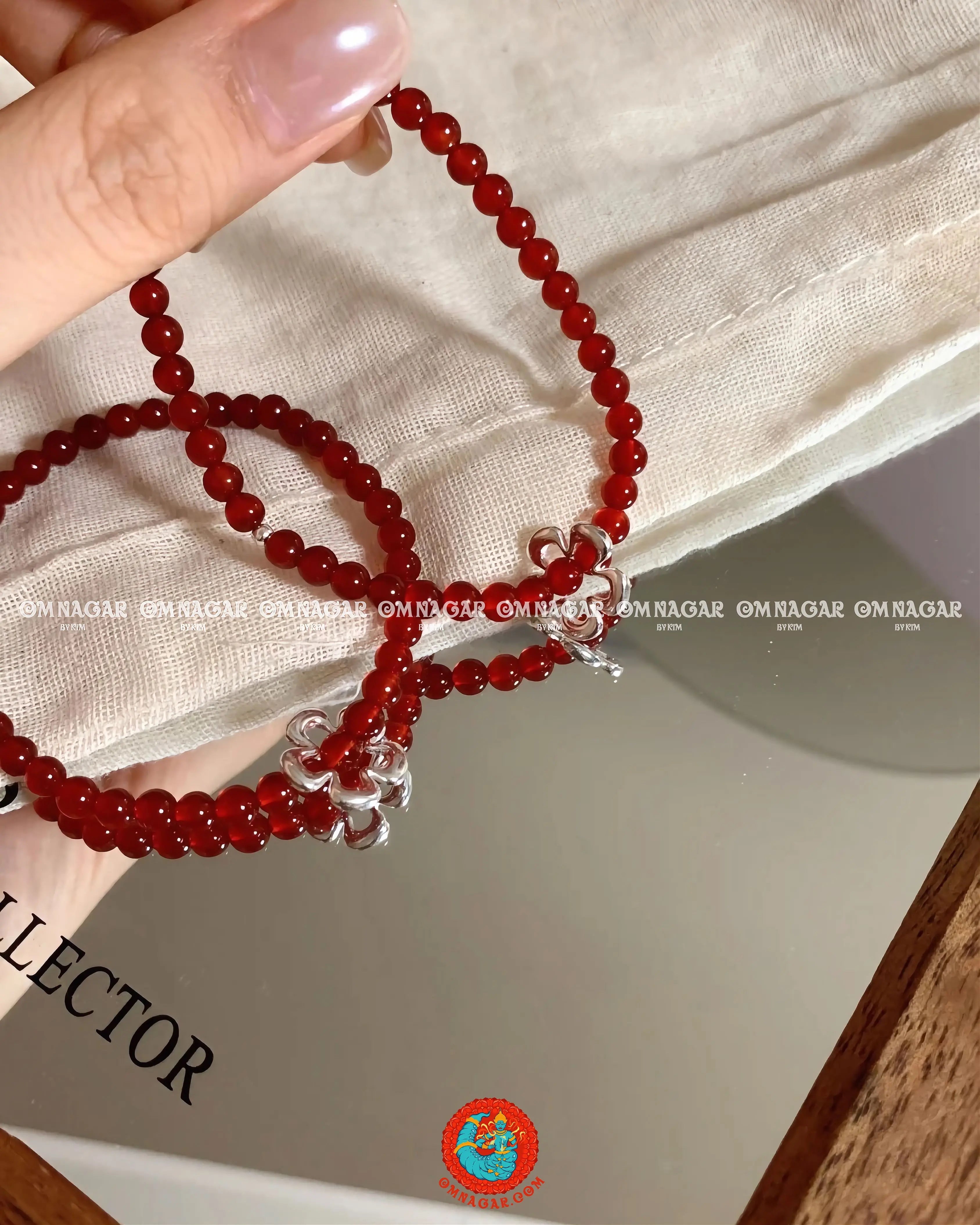 OMNAGAR “Natural Red Agate Flower” Bracelet - S925 Sterling Silver
