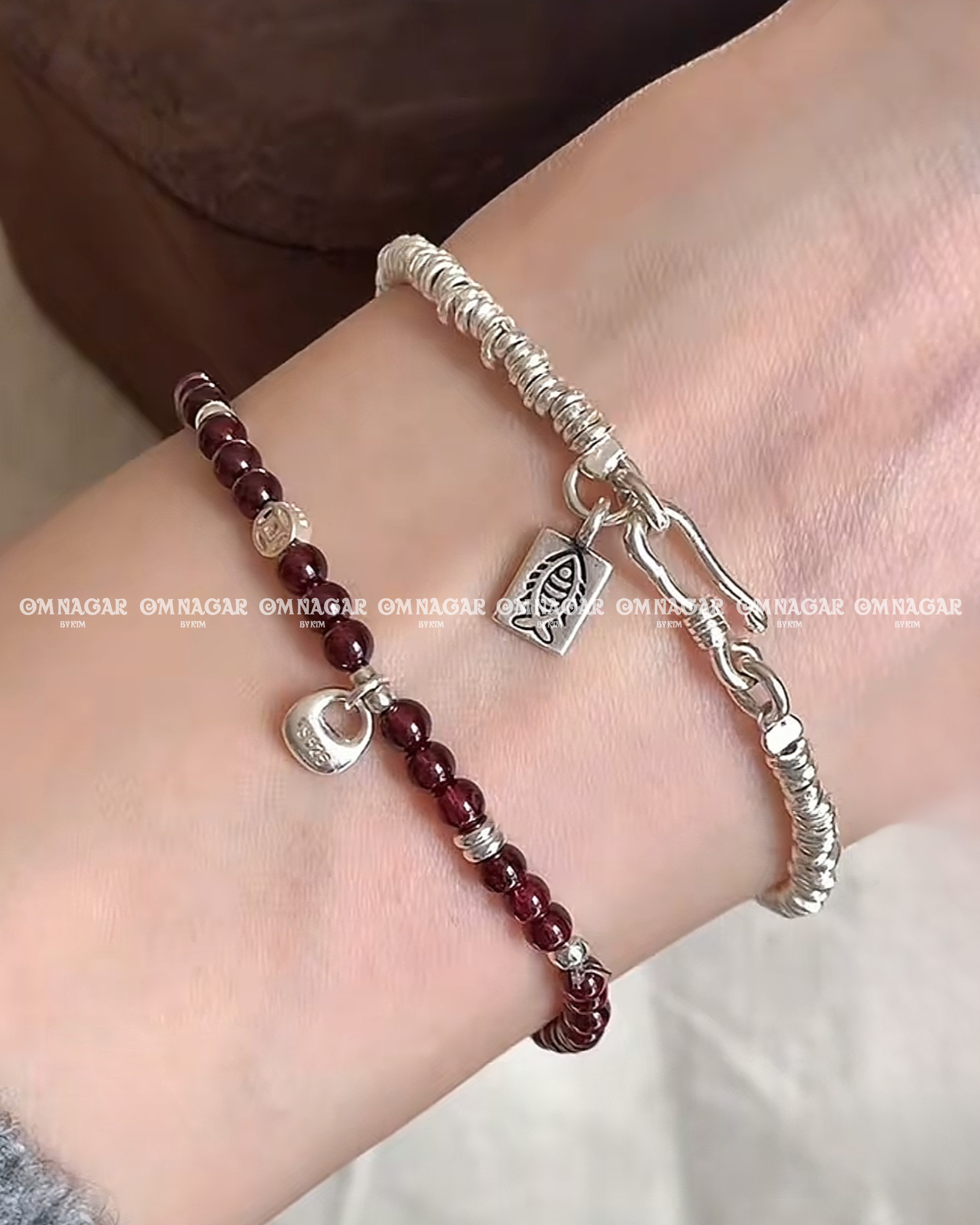 OMNAGAR “Garnet Coin” Bracelet - S999 Fine Silver