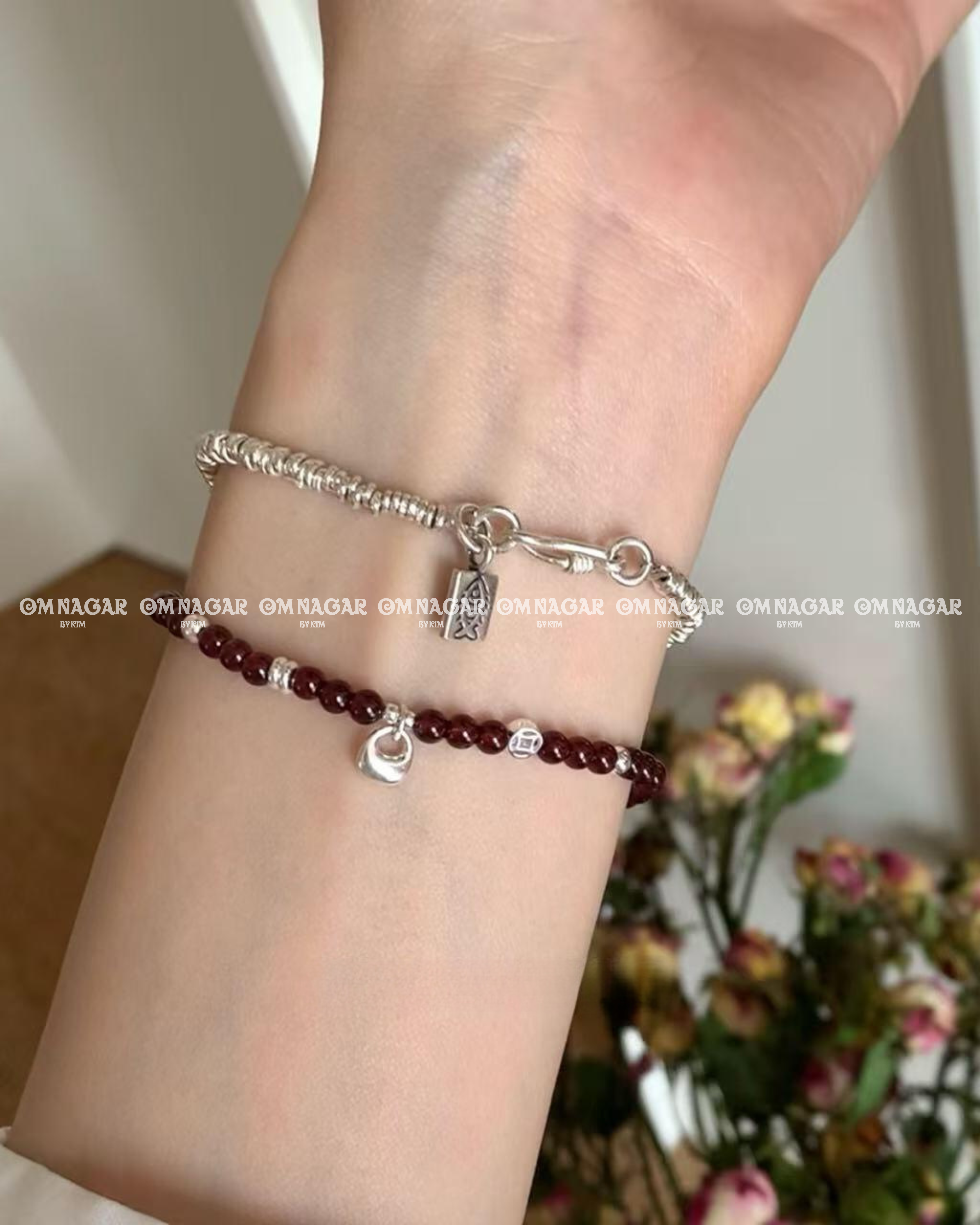OMNAGAR “Garnet Coin” Bracelet - S999 Fine Silver