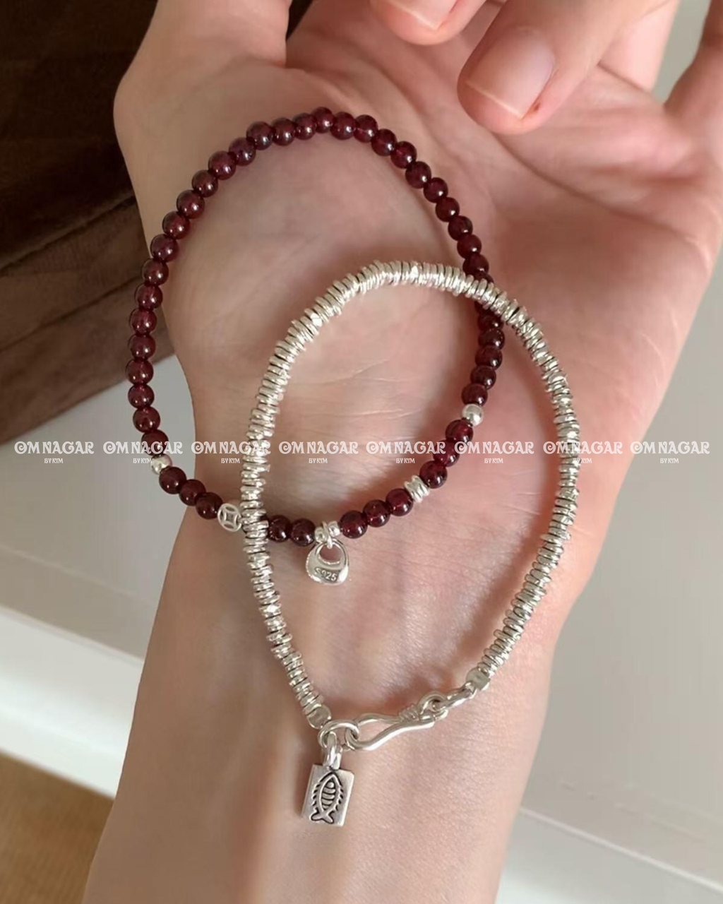 OMNAGAR “Garnet Coin” Bracelet - S999 Fine Silver