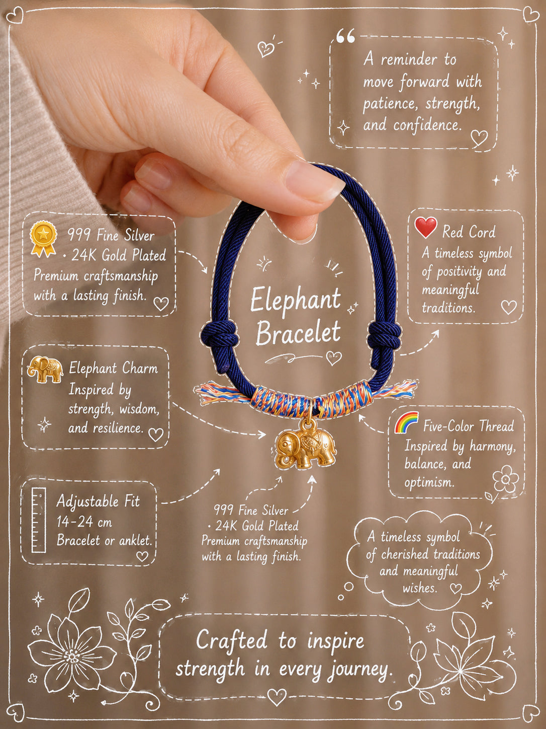 OMNAGAR “Auspicious Elephant” Navy String Bracelet - Gold-Plated S999 Fine Silver
