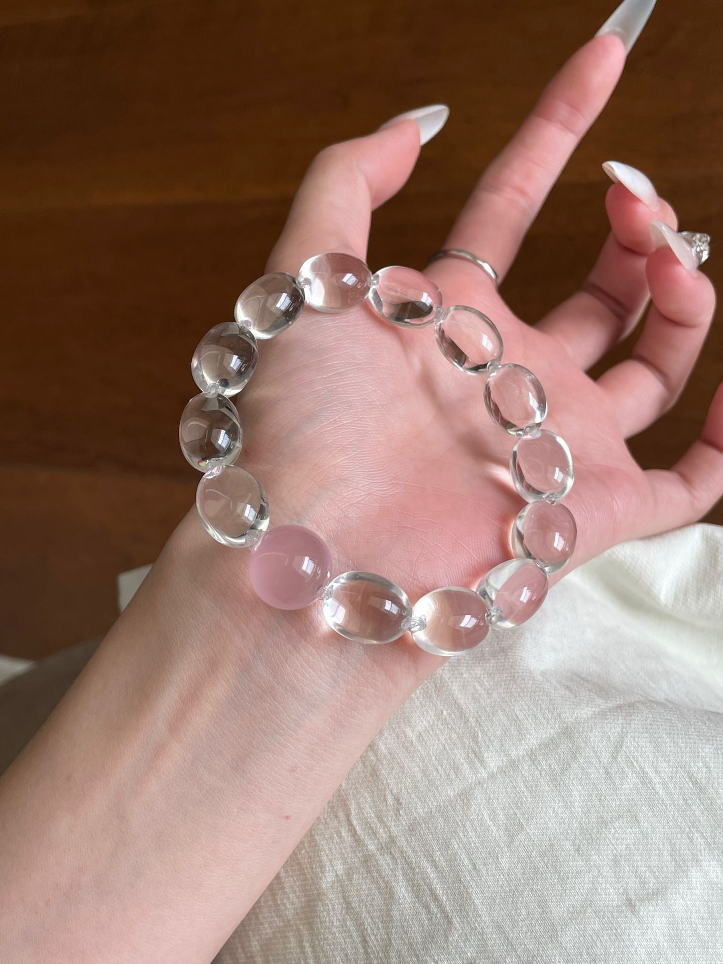 OMNAGAR “Blush Pearl” Egg-White Quartz & Rose Quartz Bracelet