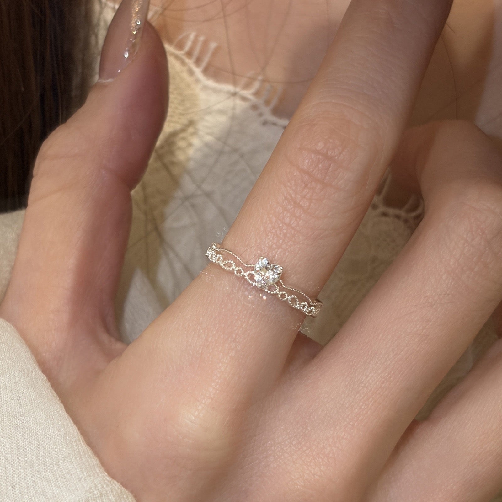 Adjustable Lace Heart Silver Ring