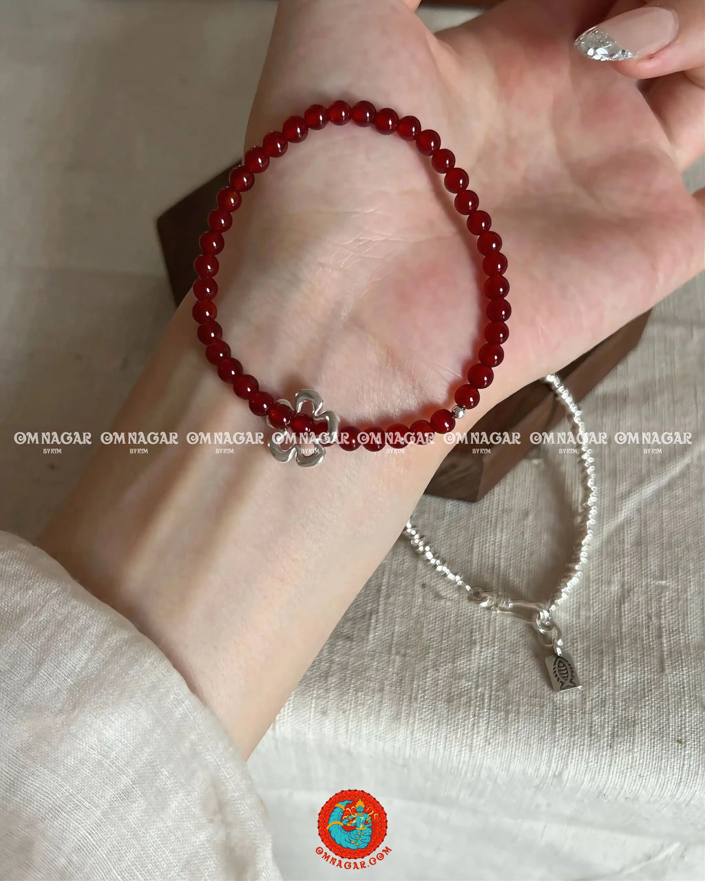 OMNAGAR “Natural Red Agate Flower” Bracelet - S925 Sterling Silver