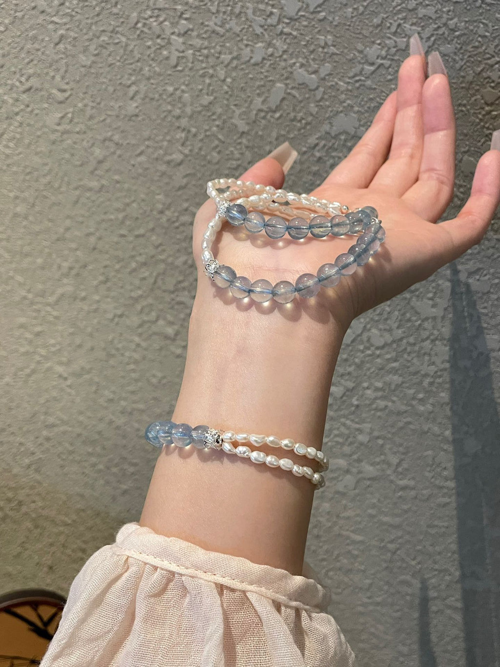 OMNAGAR “Ocean Pearl” Aquamarine & Natural Pearl Bracelet