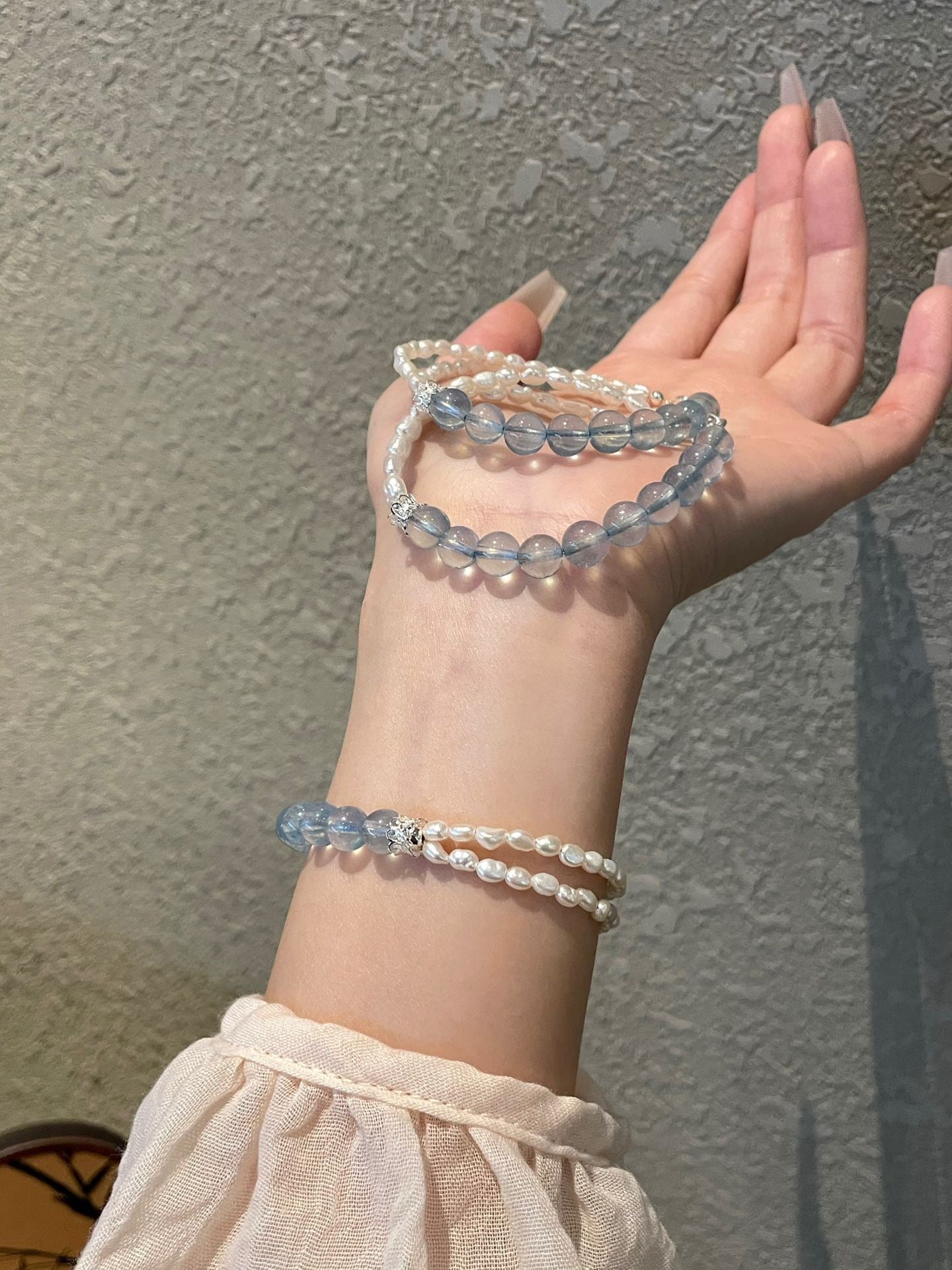OMNAGAR “Ocean Pearl” Aquamarine & Natural Pearl Bracelet