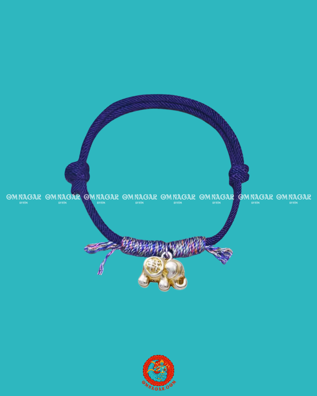 OMNAGAR “Auspicious Elephant” Navy String Bracelet - Gold-Plated S999 Fine Silver