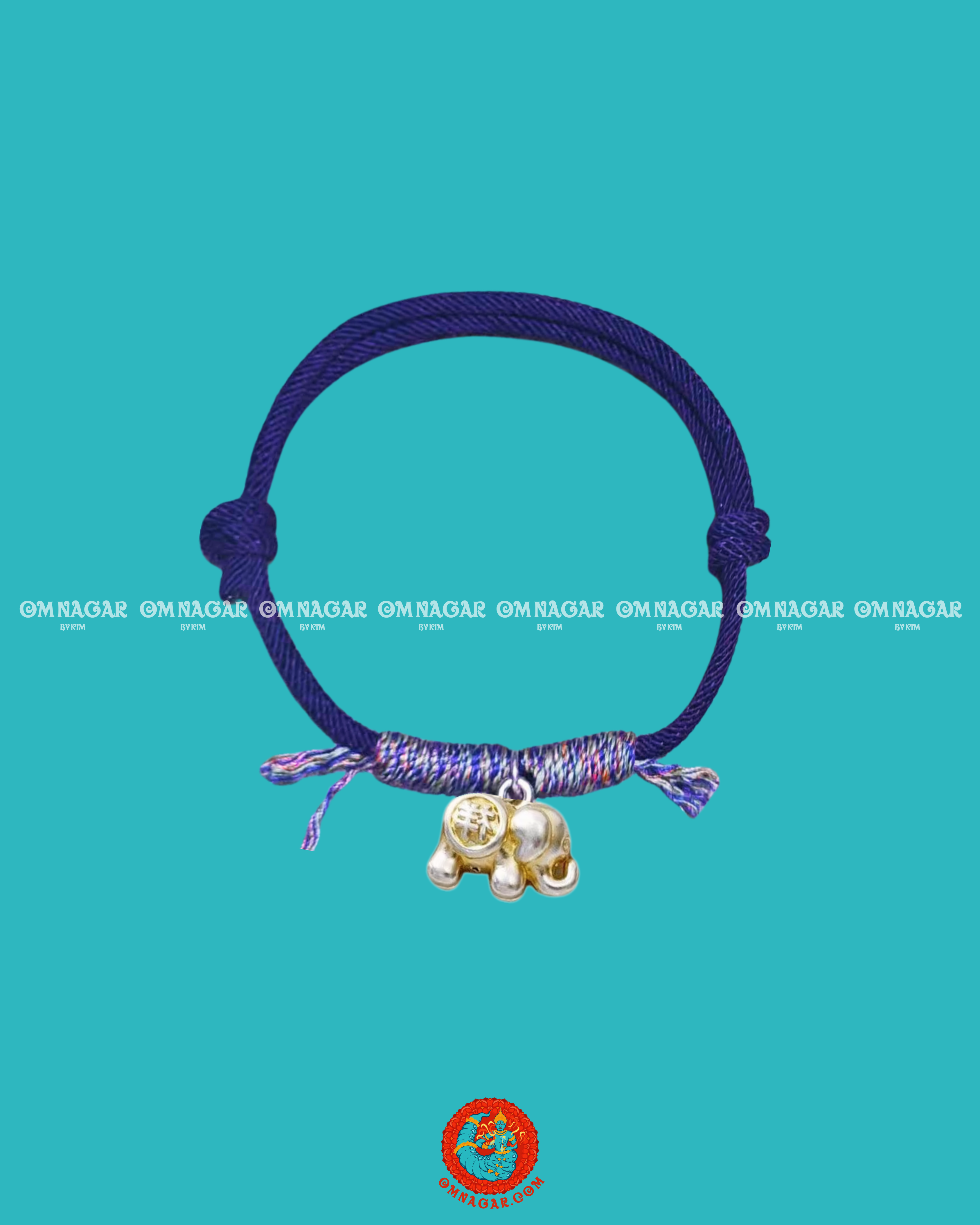 OMNAGAR “Auspicious Elephant” Navy String Bracelet - Gold-Plated S999 Fine Silver