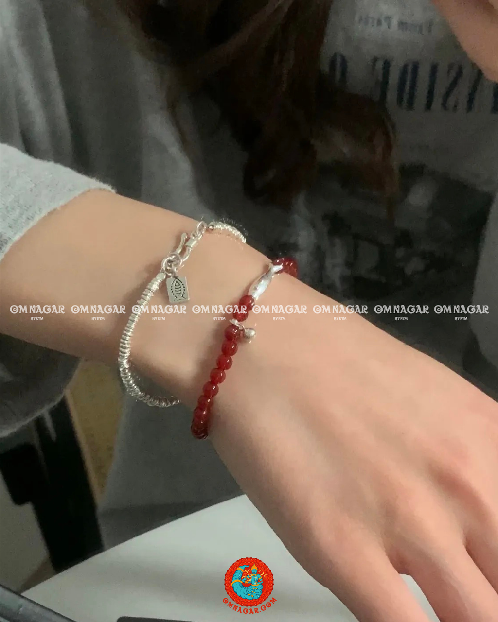 OMNAGAR “Red Agate Fish Bell” Bracelet - S925 Sterling Silver