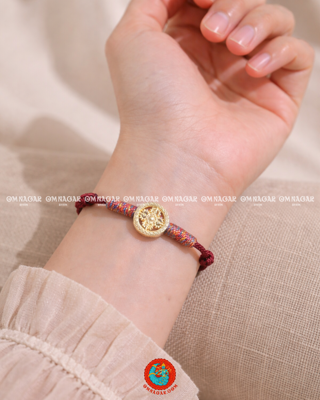 OMNAGAR “Dharma Wheel” Red String Bracelet - Gold-Plated S999 Fine Silver