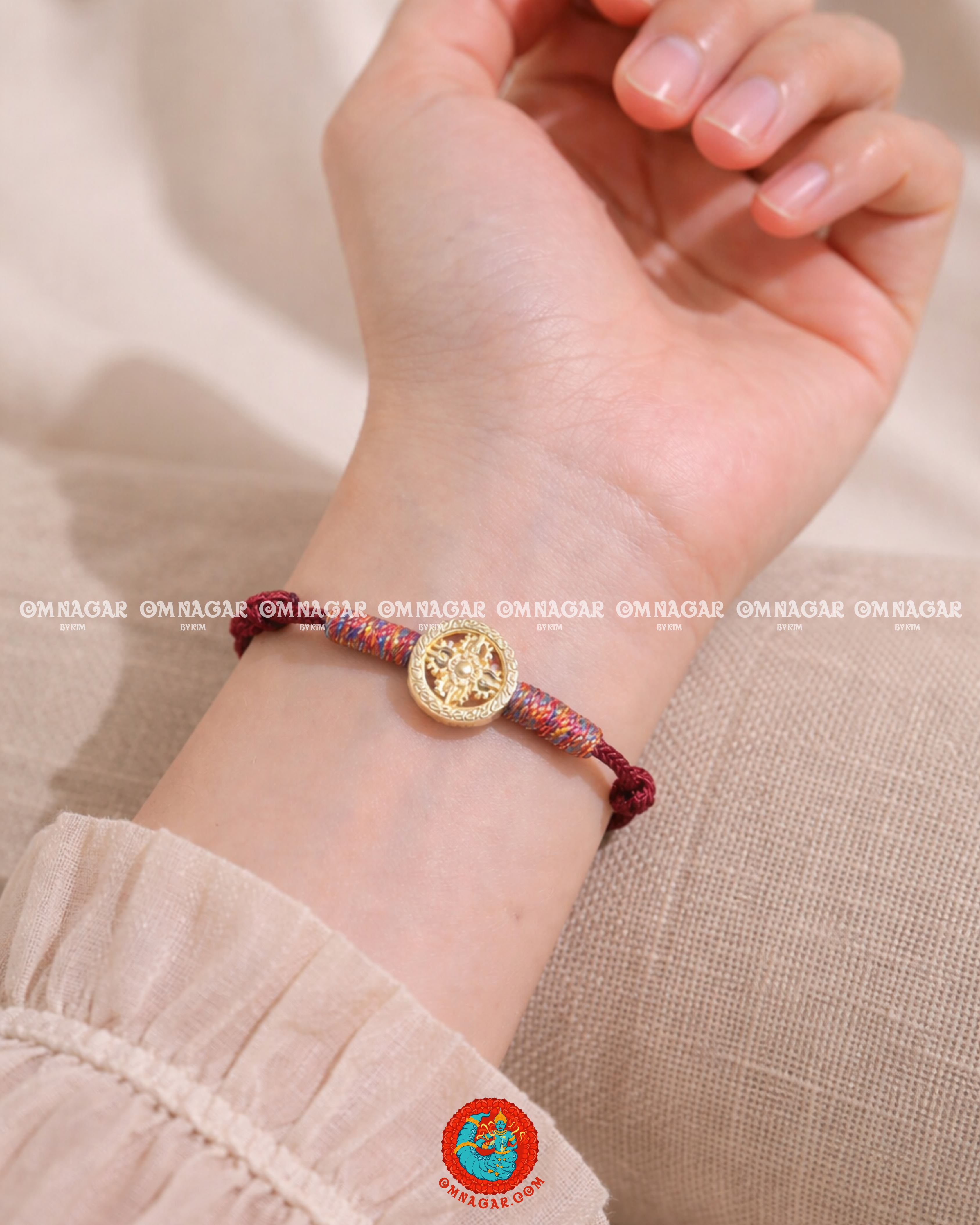 OMNAGAR “Dharma Wheel” Red String Bracelet - Gold-Plated S999 Fine Silver