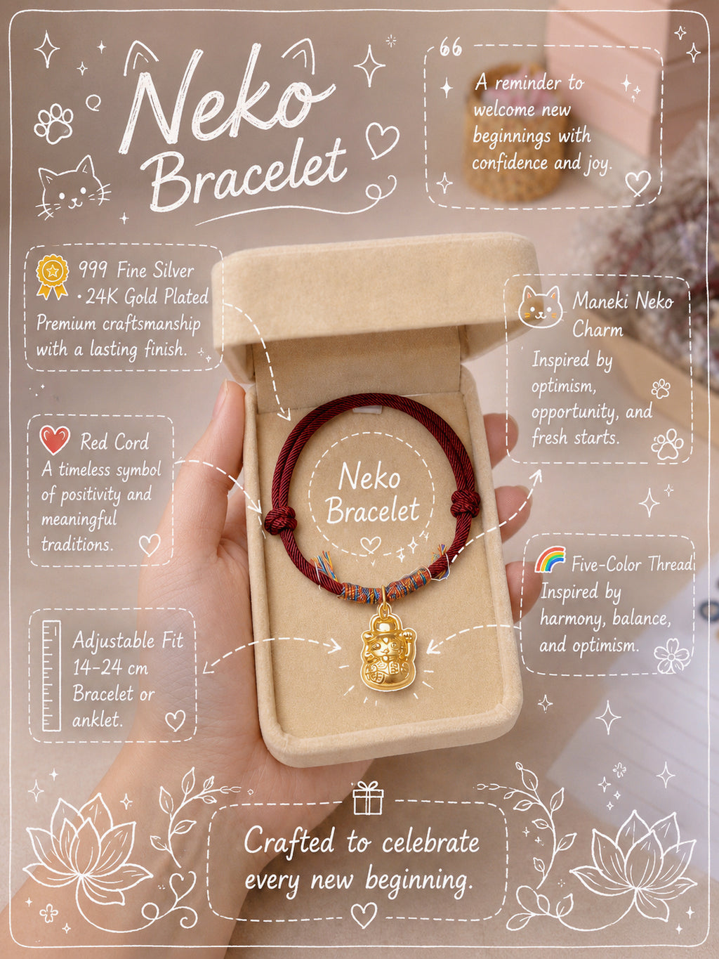 OMNAGAR “Maneki Neko” Red String Bracelet - S999 Fine Silver