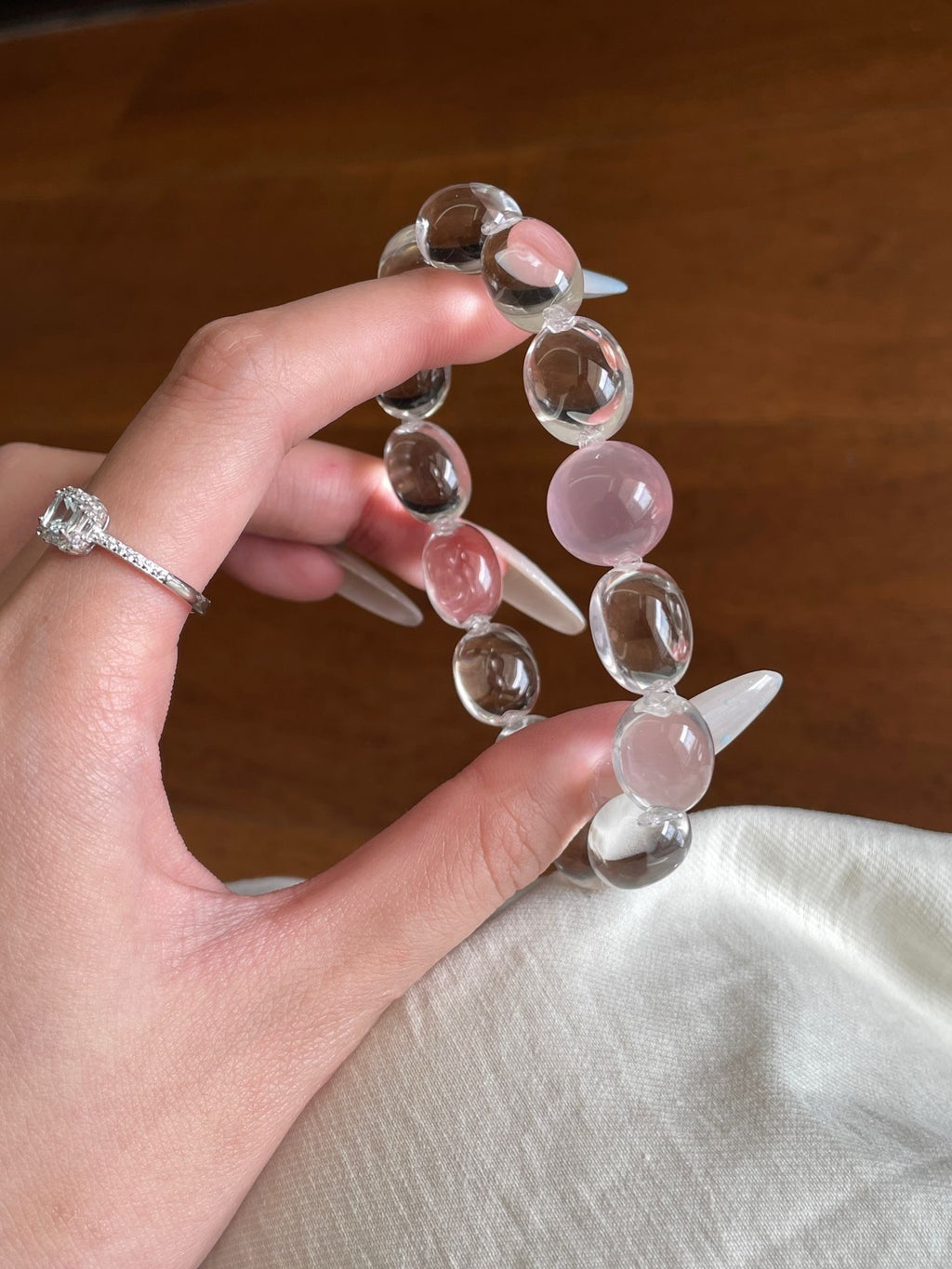 OMNAGAR “Blush Pearl” Egg-White Quartz & Rose Quartz Bracelet
