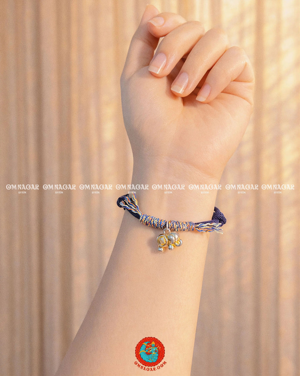 OMNAGAR “Auspicious Elephant” Navy String Bracelet - Gold-Plated S999 Fine Silver