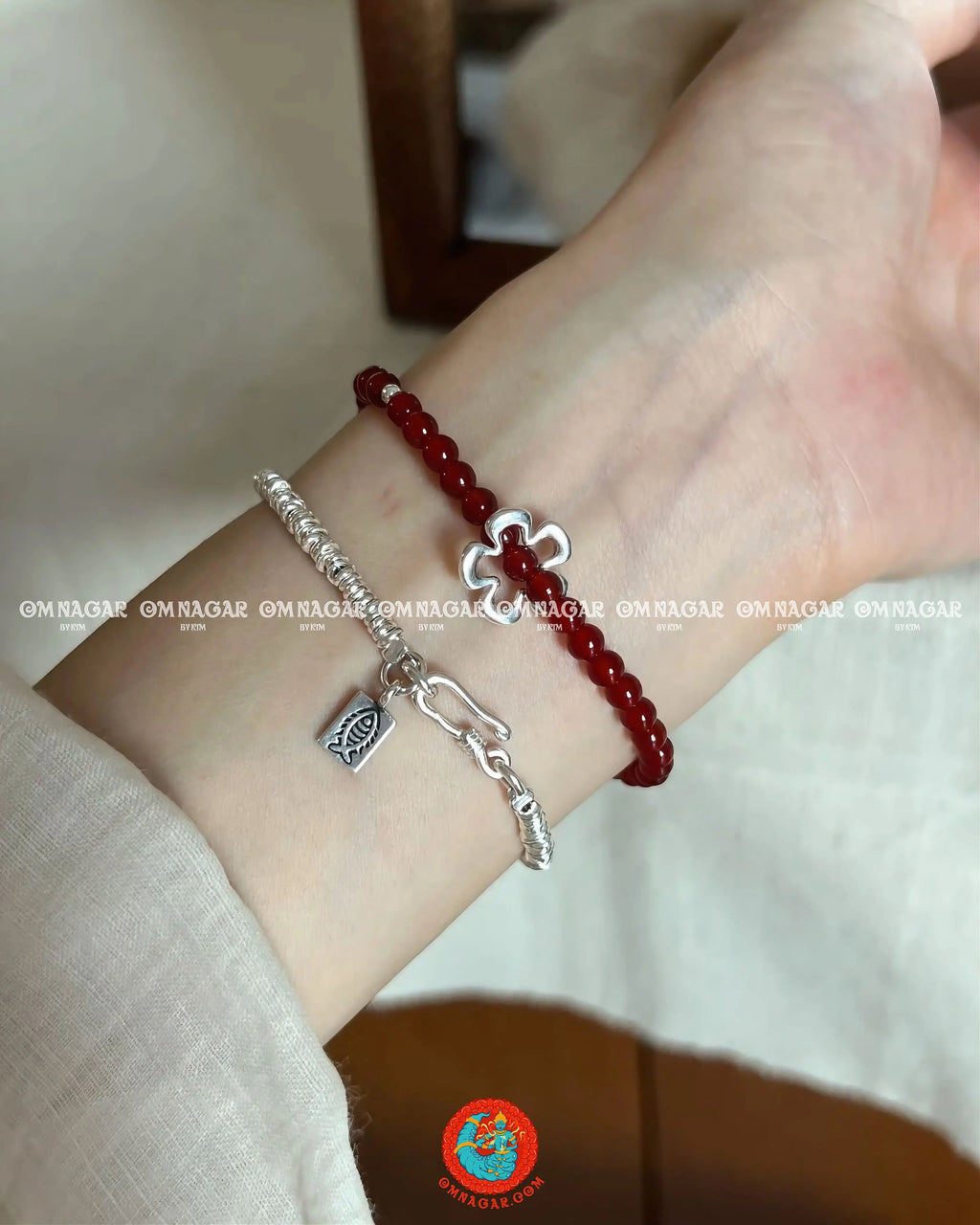 OMNAGAR “Natural Red Agate Flower” Bracelet - S925 Sterling Silver