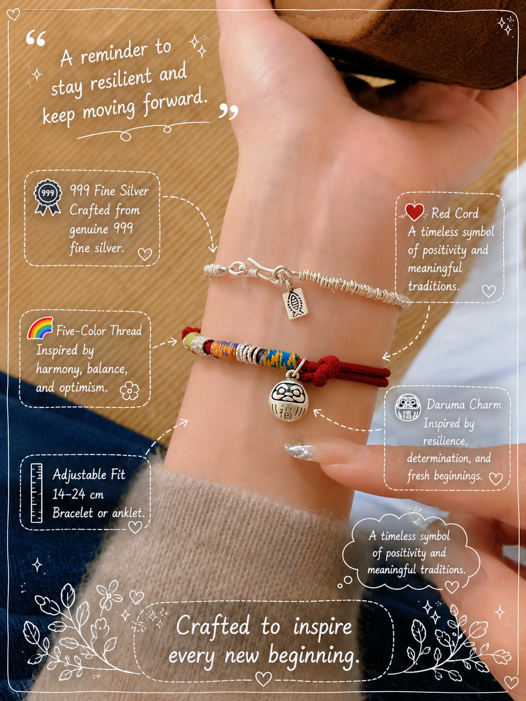 OMNAGAR “Daruma” Red String Bracelet - S999 Fine Silver