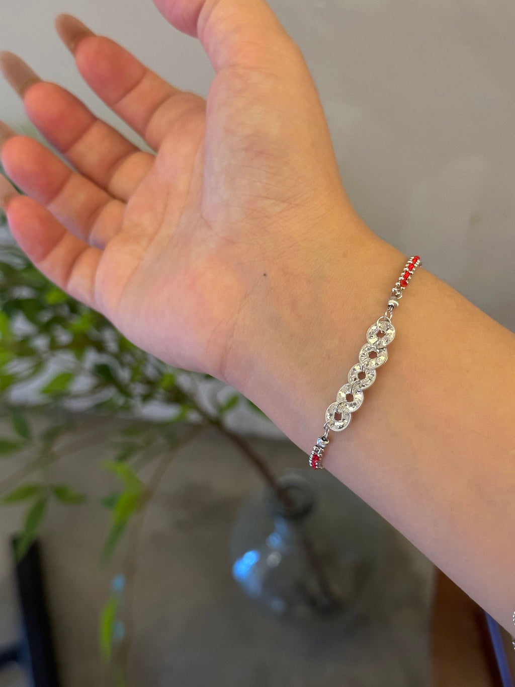 OMNAGAR “Five Coins” Red Thread 925 Silver Bracelet