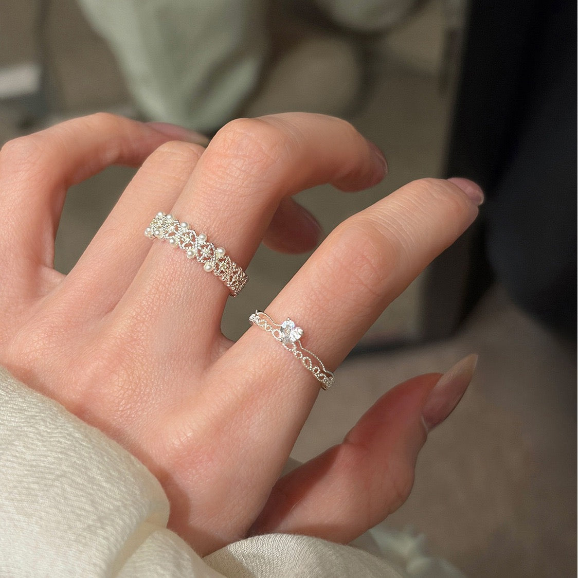 Adjustable Lace Heart Silver Ring