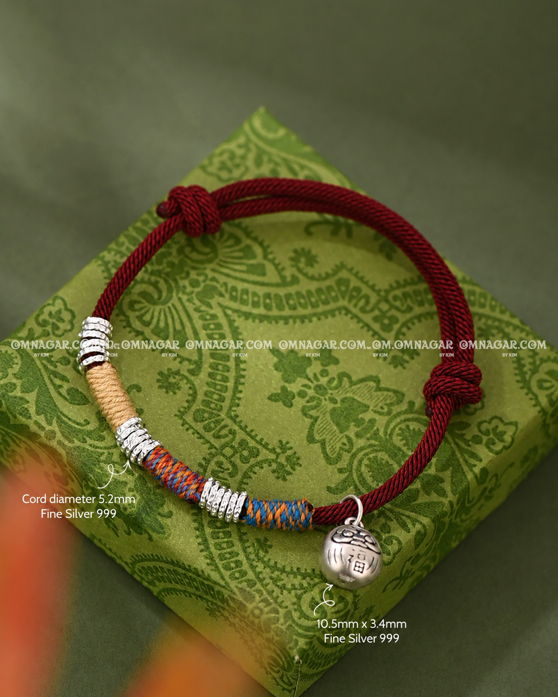 OMNAGAR “Daruma” Red String Bracelet - S999 Fine Silver