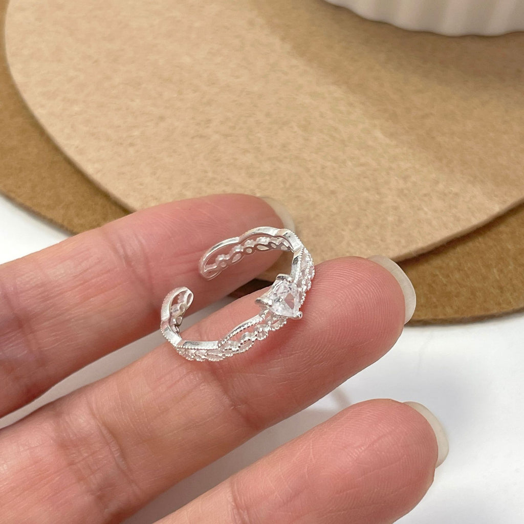 Adjustable Lace Heart Silver Ring