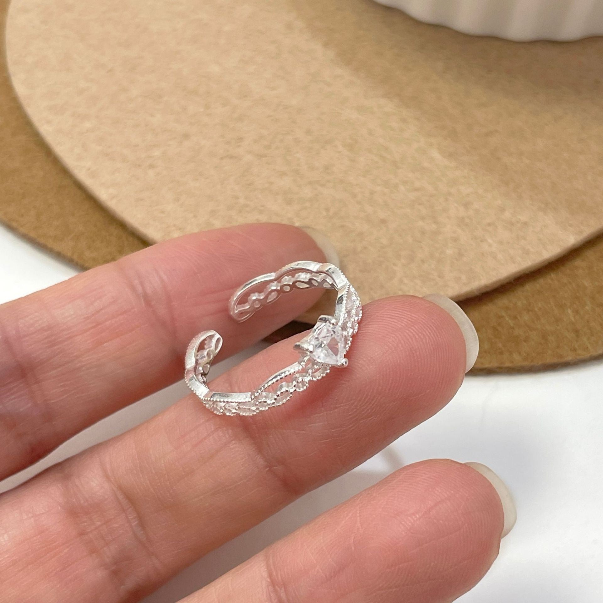 Adjustable Lace Heart Silver Ring