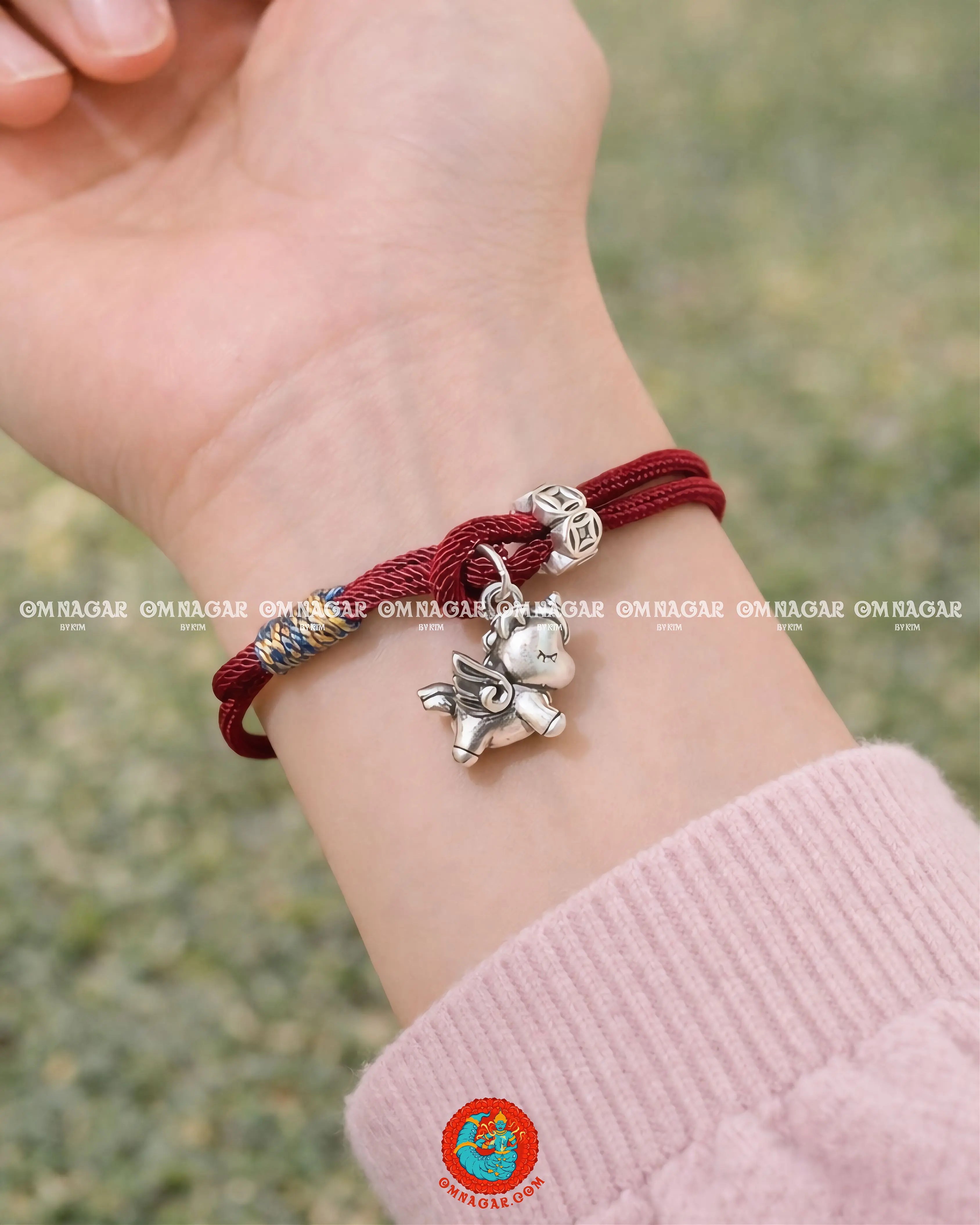 OMNAGAR “Qilin” Red String Bracelet - S999 Fine Silver