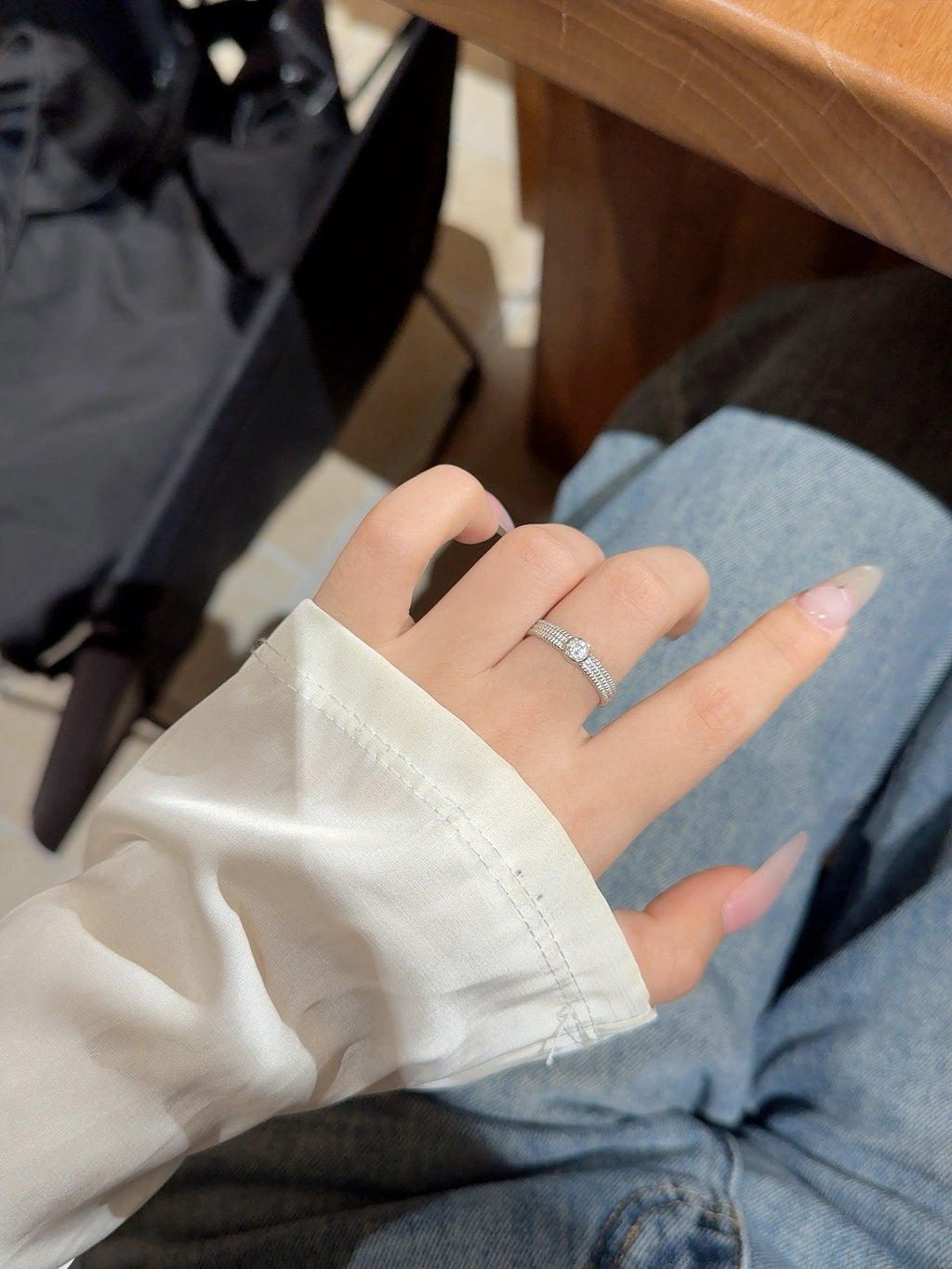 Adjustable Silver Beaded Star Ring