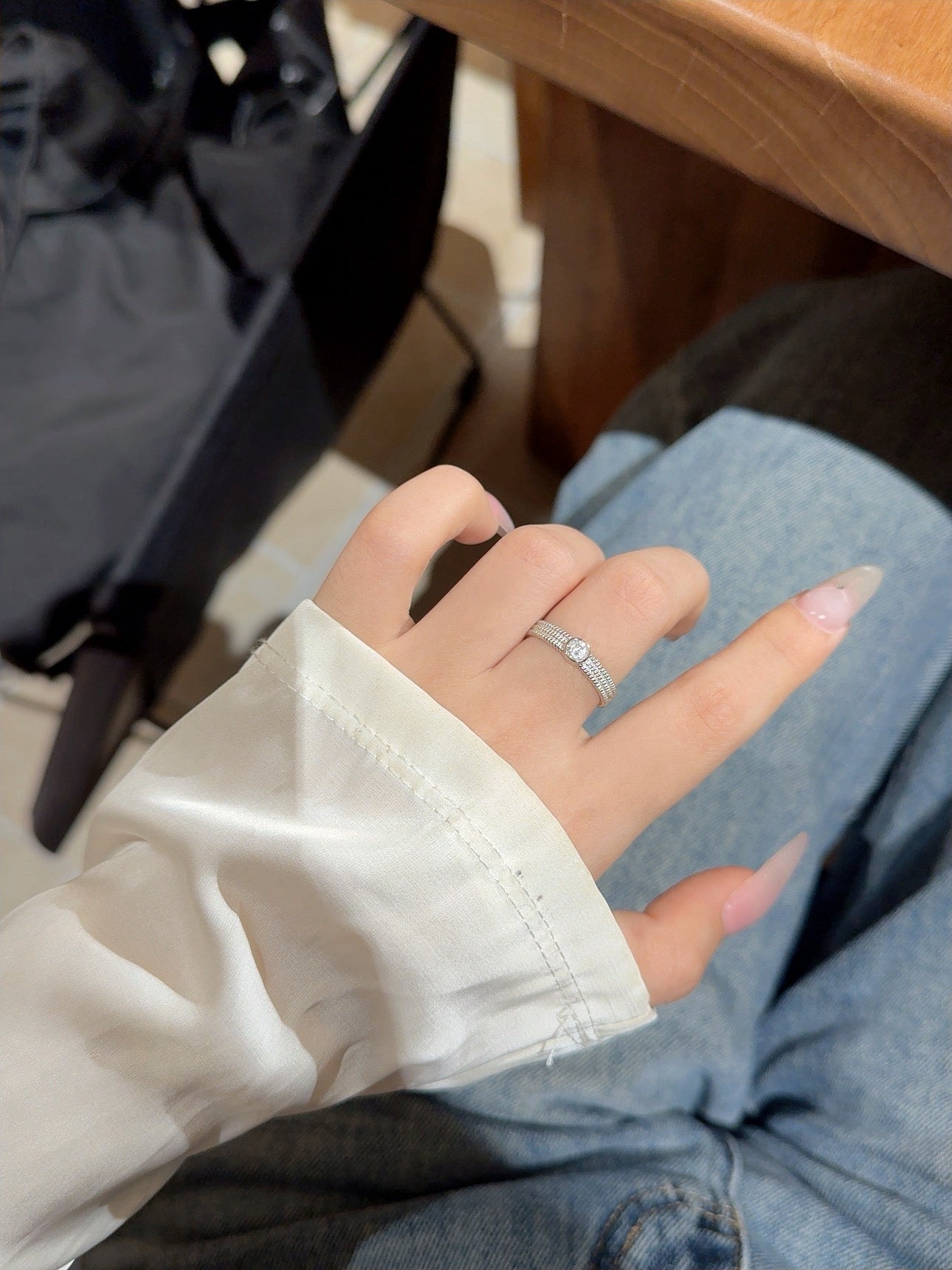 Adjustable Silver Beaded Star Ring