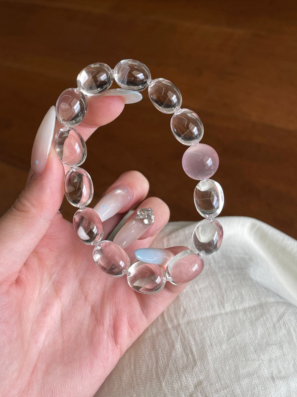 OMNAGAR “Blush Pearl” Egg-White Quartz & Rose Quartz Bracelet