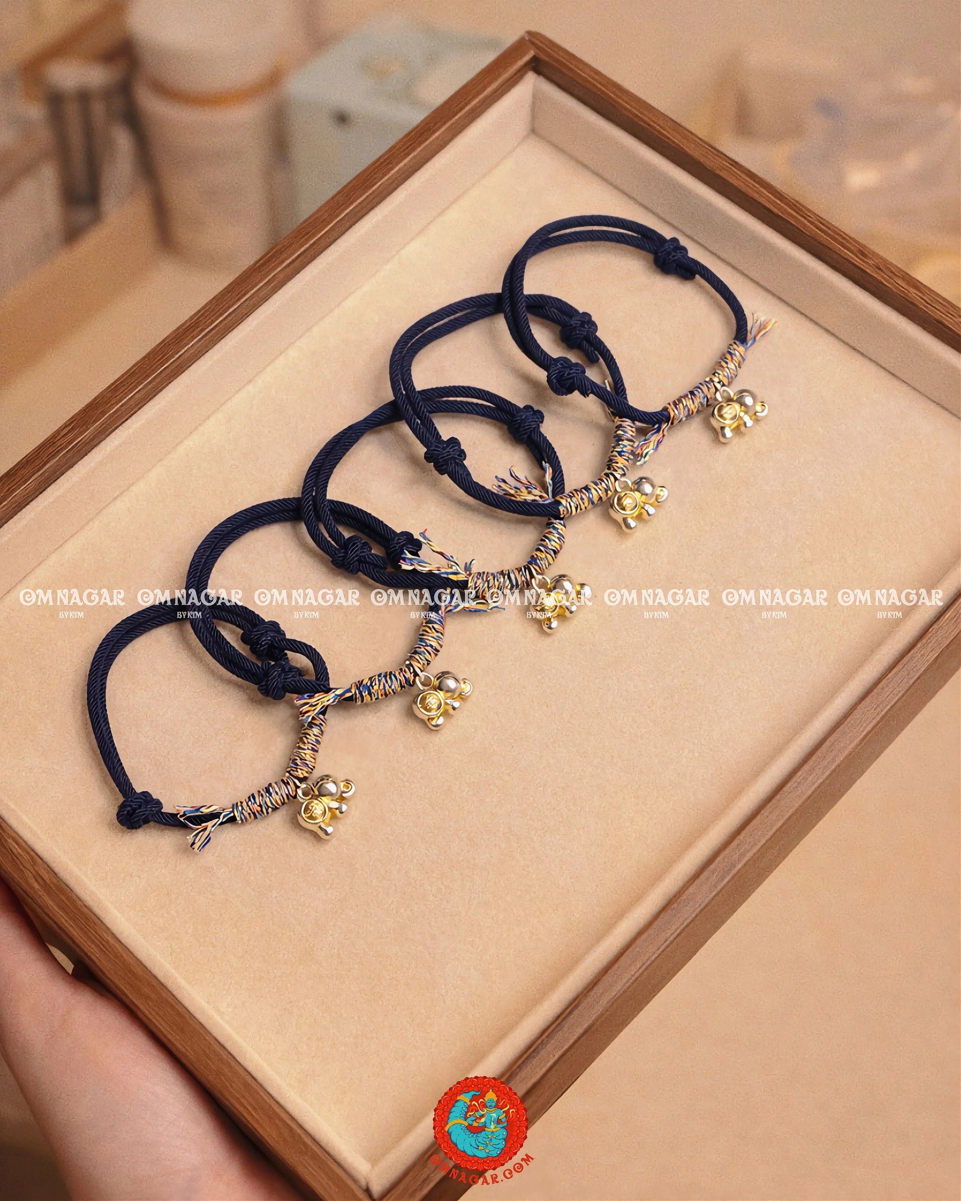 OMNAGAR “Auspicious Elephant” Navy String Bracelet - Gold-Plated S999 Fine Silver